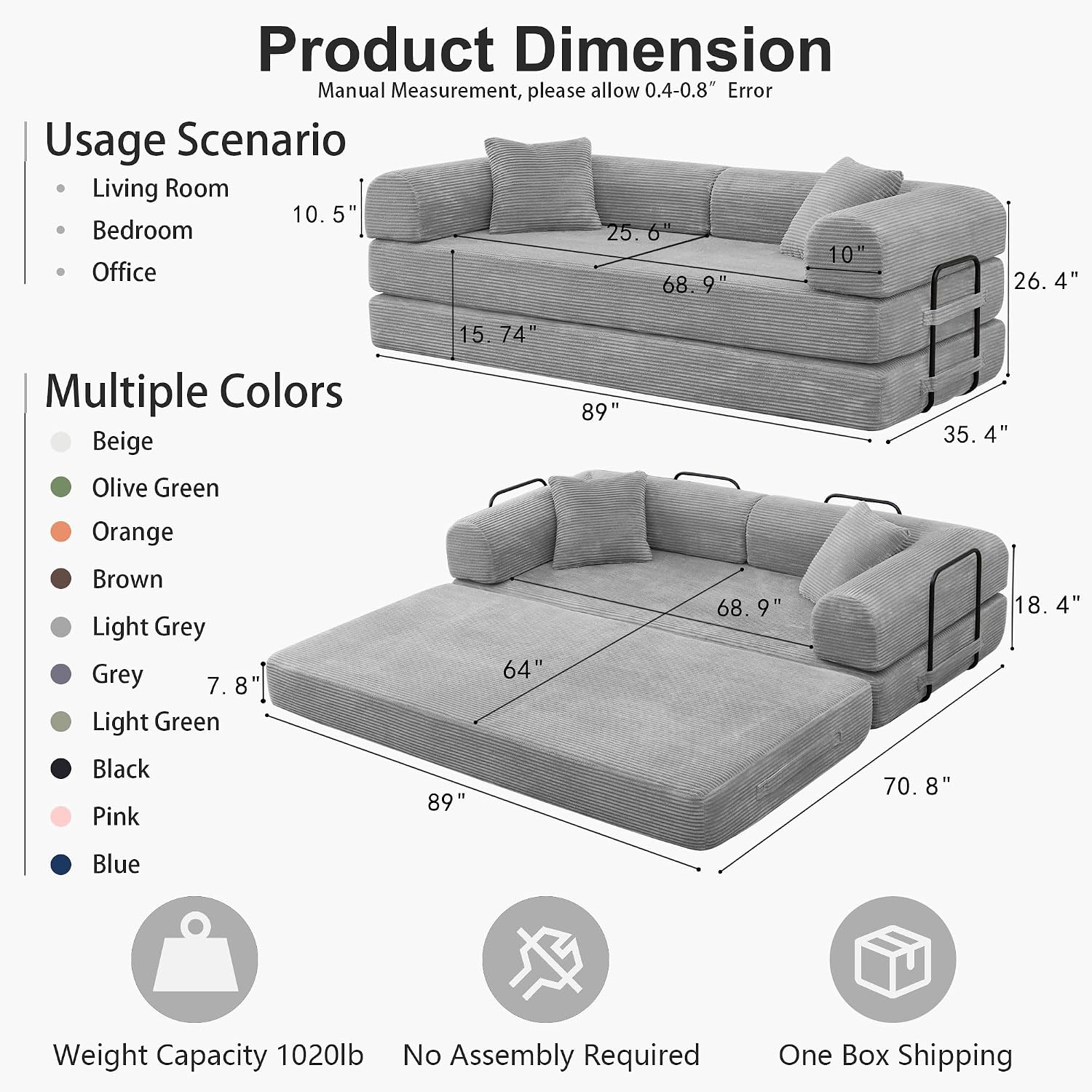 JJJ 89 inch Sofa Bed 4-in-1 Boneless Convertible Corduroy Sleeper Folding Couch with Fixed-Shape Frame and 2 Futons No Assemble Required 3 Seater Upholstered for Living Room (Light Grey, 89 inch)