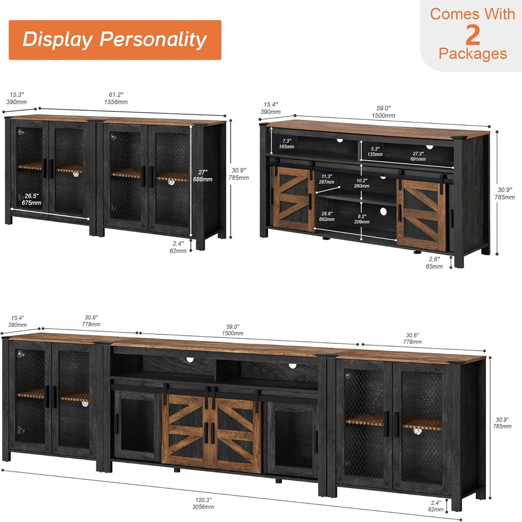 WAMPAT TV Stand Set for 100 inch TV,Door Storage Cabinet with Mesh for Living Room,Farmhouse Storage Units with Open and Adjustable Shelf,Antique White, Dark Walnut and Black