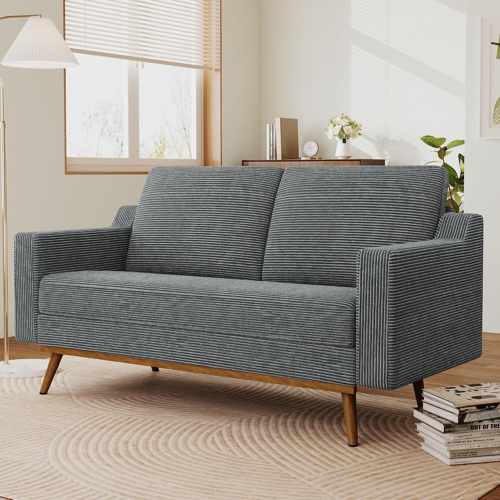 65.4' Loveseat Sofa,Comfy Grey Corduroy Love Seat Couches for Living Room,Mid Century Modern Small Couch for Bedroom Office with Spring Cushion,Solid Wood Frame,Tool-Free Assembly