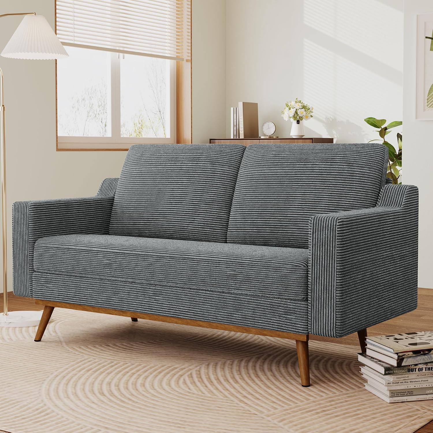 65.4' Loveseat Sofa,Comfy Grey Corduroy Love Seat Couches for Living Room,Mid Century Modern Small Couch for Bedroom Office with Spring Cushion,Solid Wood Frame,Tool-Free Assembly