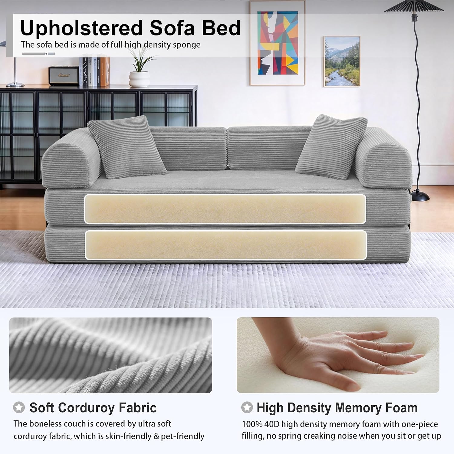 JJJ 63 inch Sofa Bed 4-in-1 Boneless Convertible Corduroy Sleeper Folding Couch with Fixed-Shape Frame and 2 Futons No Assemble Required 3 Seater Upholstered for Living Room (Light Grey, 63 inch)