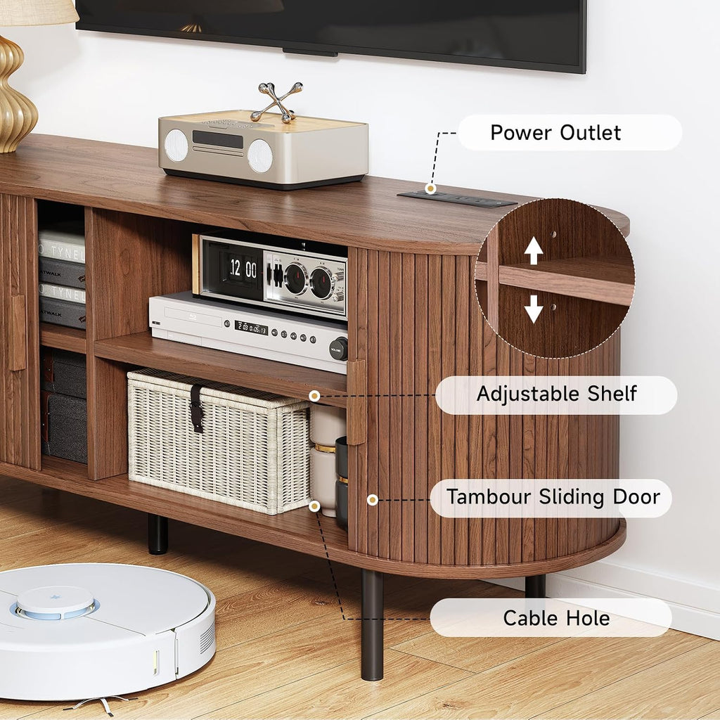 70.8' TV Stand with Power Outlet, Mid-Century Modern Television Stand, Fluted Media Console with Sliding Doors, Entertainment Center for TVs up to 60 Inch, Adjustable Shelves, Walnut