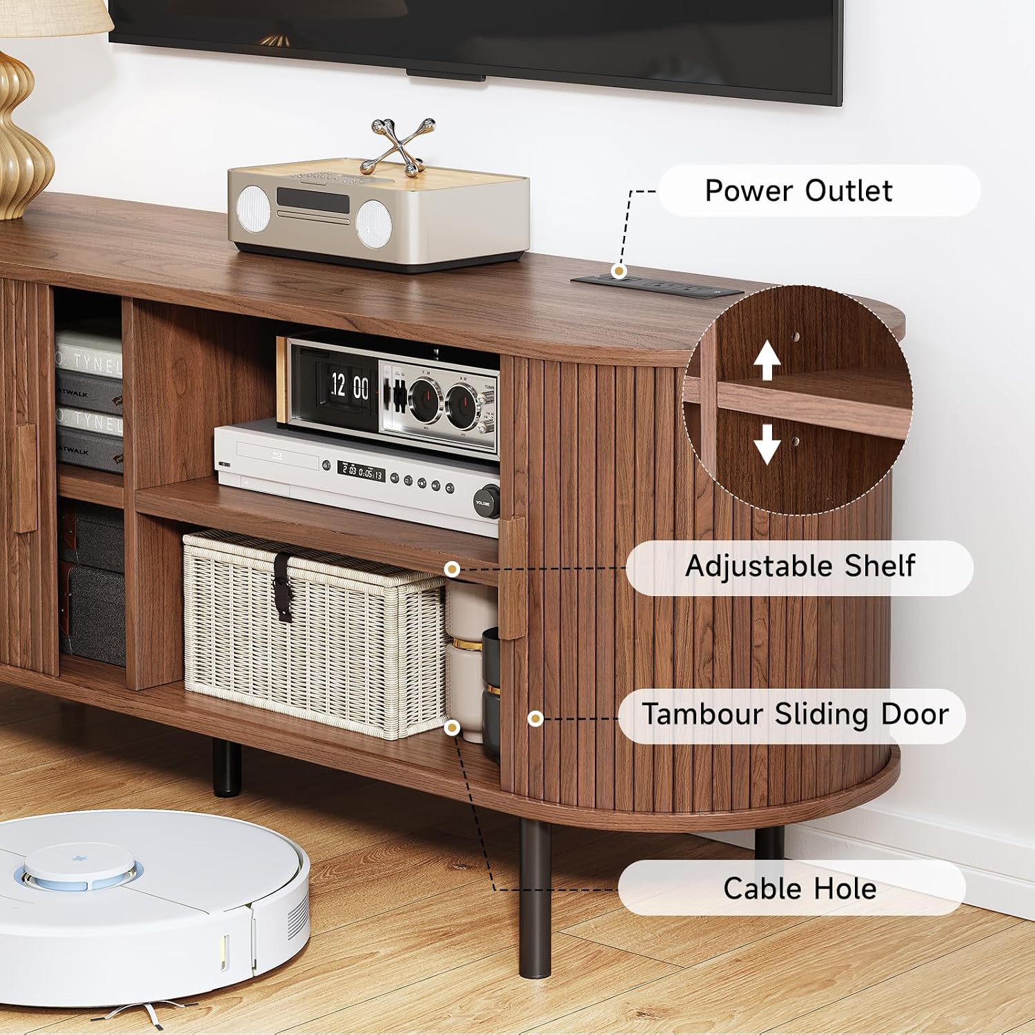 70.8' TV Stand with Power Outlet, Mid-Century Modern Television Stand, Fluted Media Console with Sliding Doors, Entertainment Center for TVs up to 60 Inch, Adjustable Shelves, Walnut