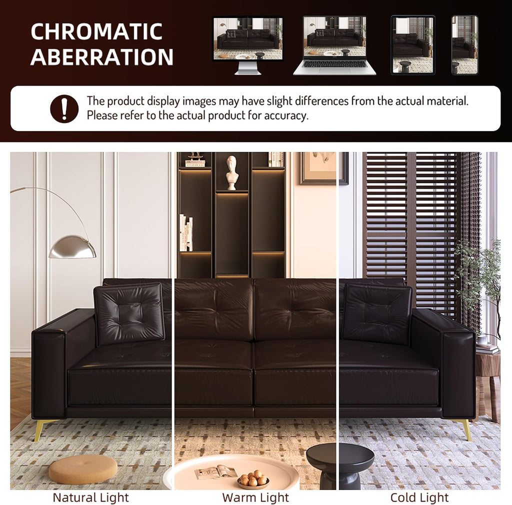 92.1'' King Pull Out Sofa Bed, Convertible Futon Couch, 3-in-1 Faux Leather Sleeper Sofa with Tufted Back, 2 Pillows, Gold Legs, Deep Folding Loveseat for Living Room, Apartment, Dark Brown