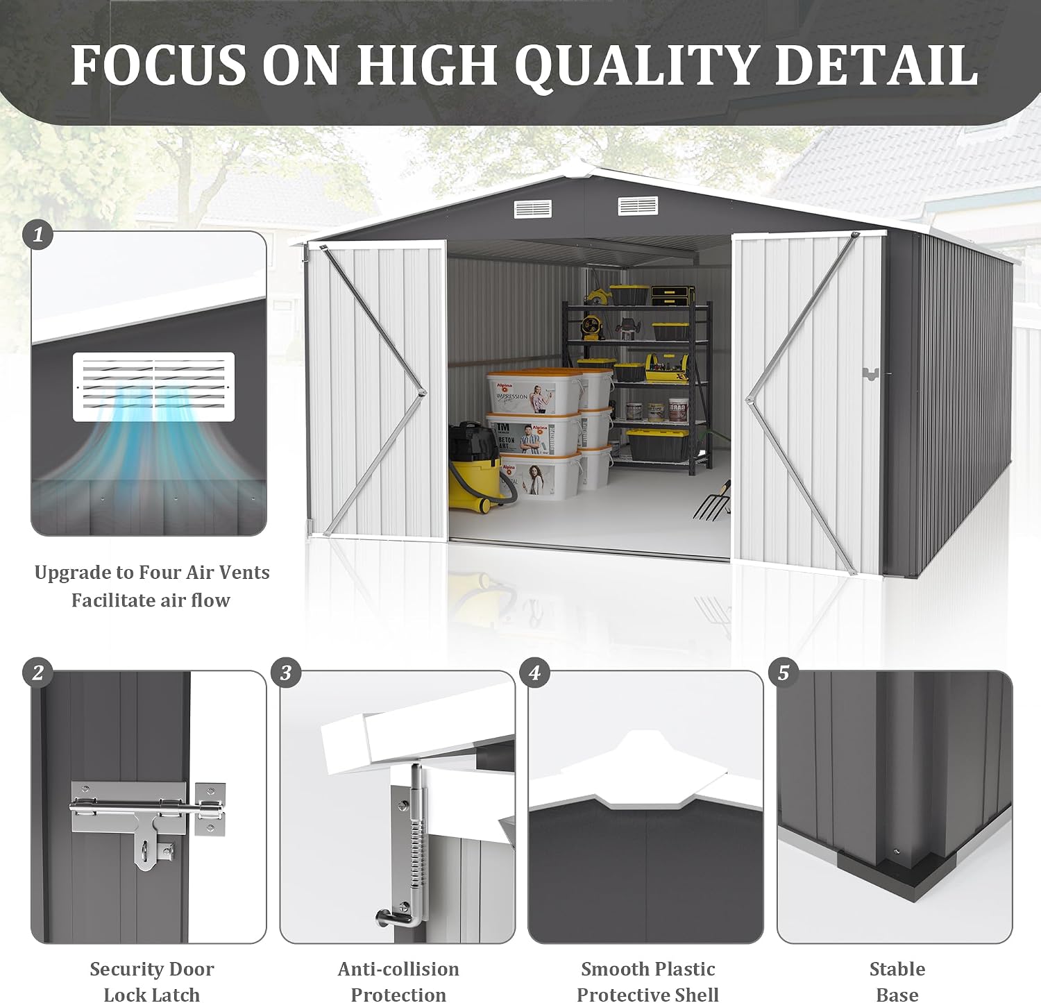 10x14 FT Outdoor Metal Storage Shed with Lockable Door, Steel Garden Utility Shed with Vents, Backyard Patio Tool Shed for Lawn Equipment, Bike, Firewood and Mower Storage, Gray