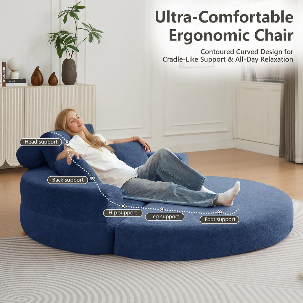 71' Boneless Couch Sofa Bed Oversized Round Couch 2-in-1 Foldable Floor Loveseat Sofa for Living Room and Apartment No Assembly.(Blue, 71')