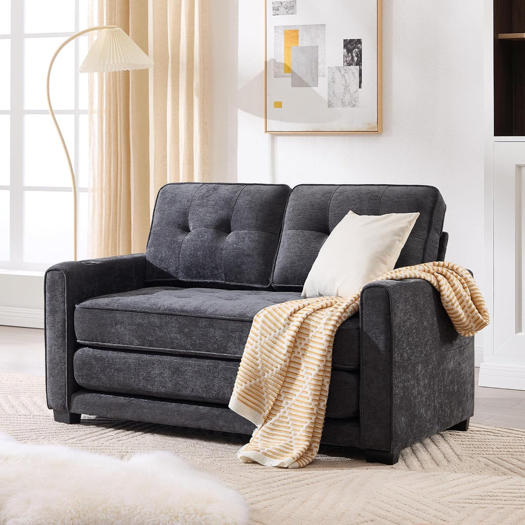 Convertible Sofa Bed, Pull Out Loveseat Sleeper Couch,Linen Fabric 2 in 1 Folding Couch Bed, Fold Out Floor Futon Couches with Cup Holder for Living Room, Bedroom,Small Space, Dark Grey