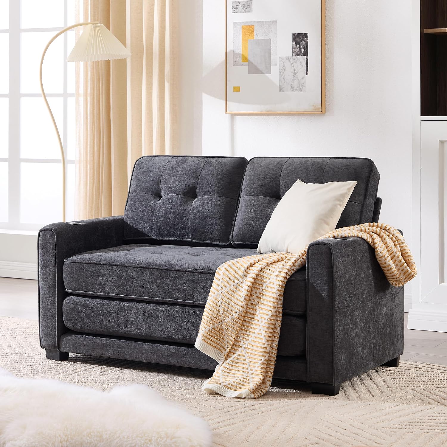 Convertible Sofa Bed, Pull Out Loveseat Sleeper Couch,Linen Fabric 2 in 1 Folding Couch Bed, Fold Out Floor Futon Couches with Cup Holder for Living Room, Bedroom,Small Space, Dark Grey