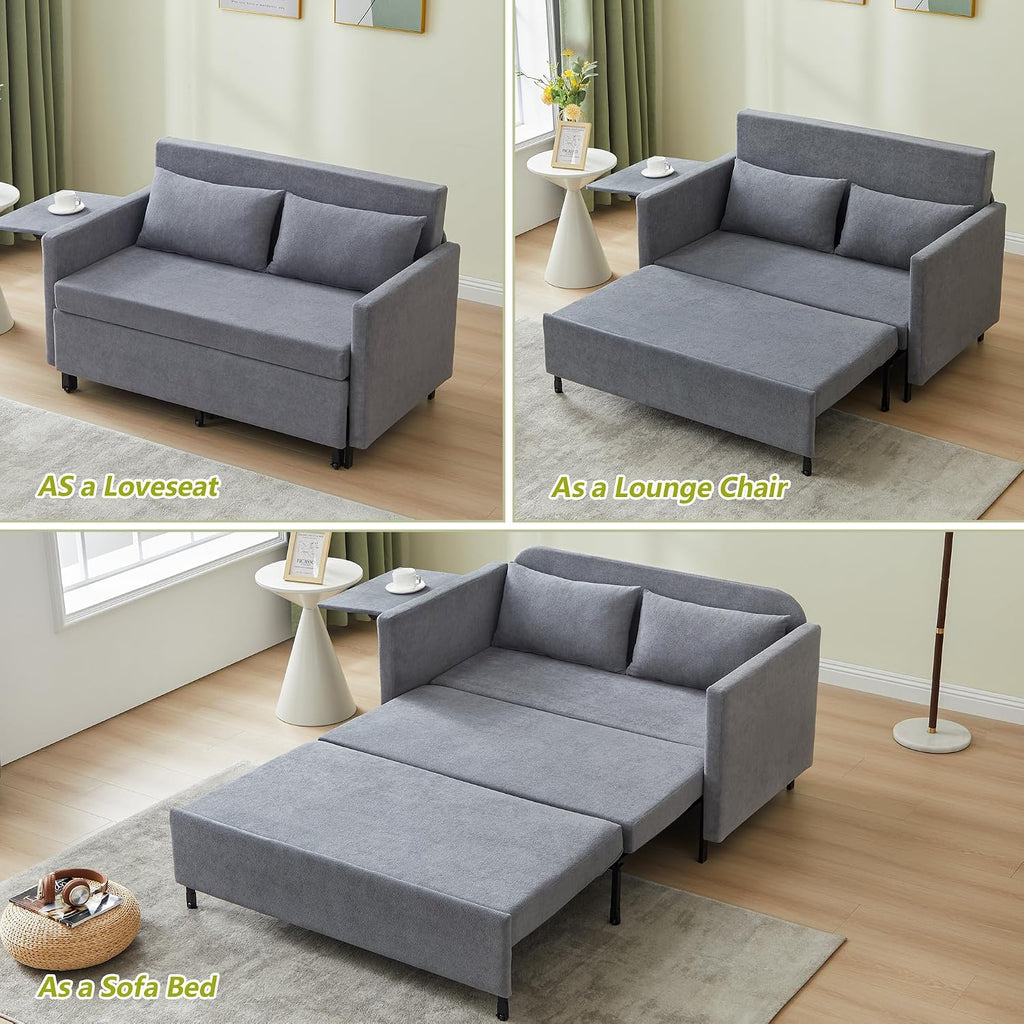 3-in-1 Sleeper Sofa Bed, 51'' Convertible Folding Couch with Pullout Bed, Chenille Futon Sleeper Sofa with Side Table and 2 Pillows, Modern Loveseat Couch for Living Room, Bedroom, Home Office (Grey)