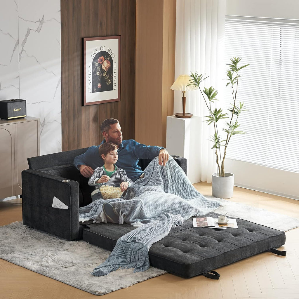VINGLI Upgraded 64' W 84' L Full Size Futon Sofa Bed, 6' Thick Upholstery Chenille Loveseat Sofa Sleeper Pull Out Couch,Convertible Floor Couch for Living Room, Bedroom, Entertainment Room, Dark Grey