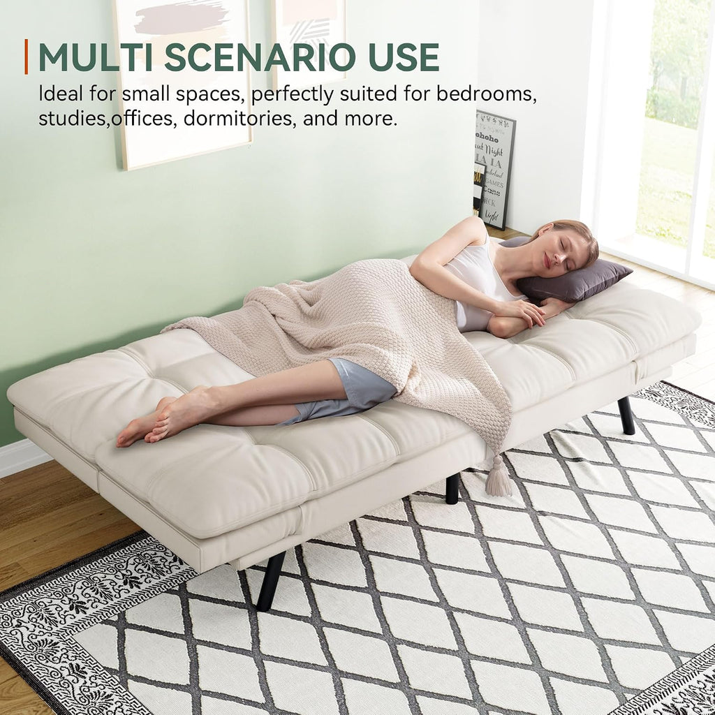 Opoiar 71' L Covertible Futon Sofa Bed,Faux Leather Futon Couch, Memory Foam Modern Loveseat Sleeper, Small Splitback Sofa Couches for Living Room,RV,Home Office,Apartment,White