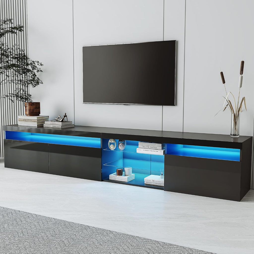 Bellemave LED TV Stand for TVs Up to 105',Ample Storage Space Media Console with 2 Glass Shelves,Versatile TV Cabinet with LED Color Changing Lights for Living Room (Black)