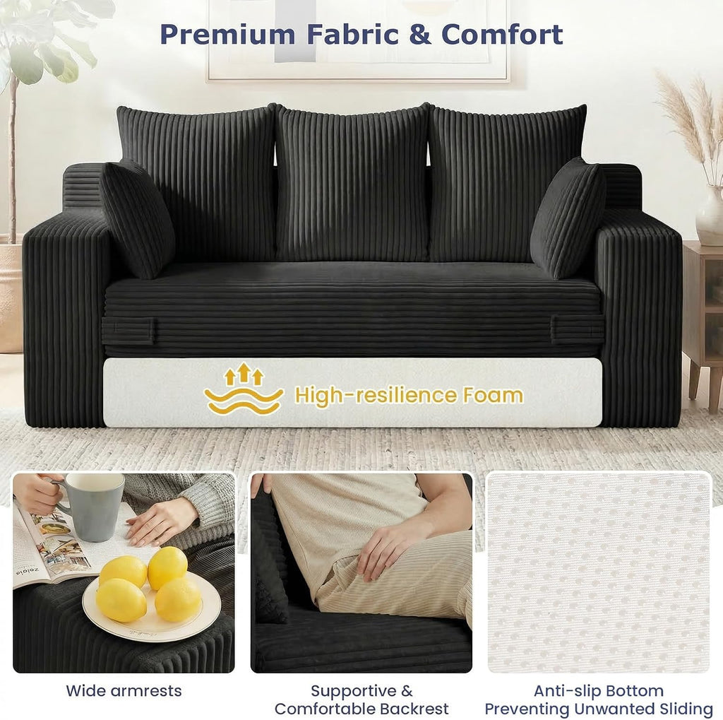 3 Seater Boneless Couch for Living Room, Convertible Futon Sofa Bed Comfy Pull Out Couch with 5 Pillows & Detachable Washable Cover, Upholstered Floor Sofa in A Box, No Assembly Required, Black