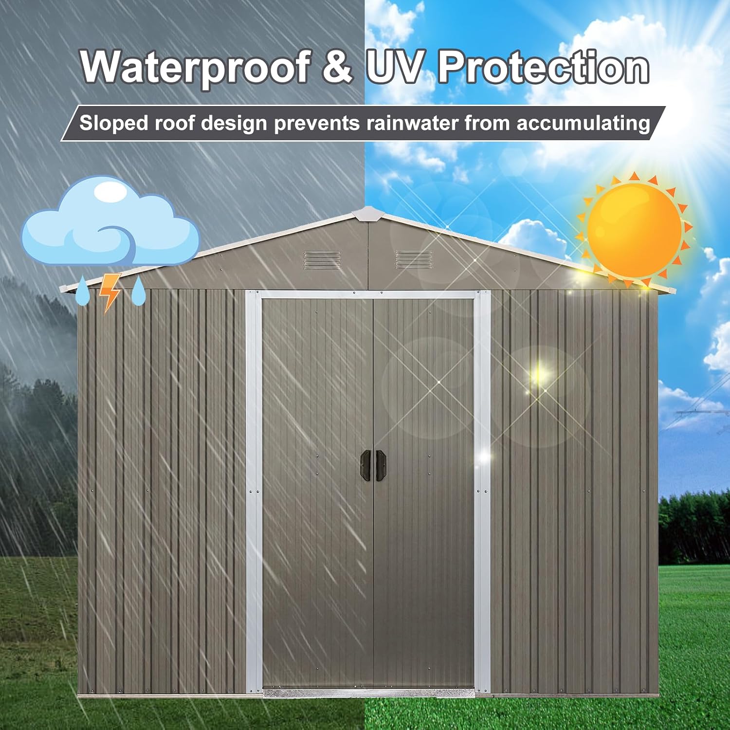 8 x 6 FT Outdoor Storage Shed, Metal Garden Shed with Floor Frame, Large Tool Shed Outdoor Storage with Lockable Sliding Doors & Air Vents, Storage House Waterproof for Backyard, Lawn, Gray