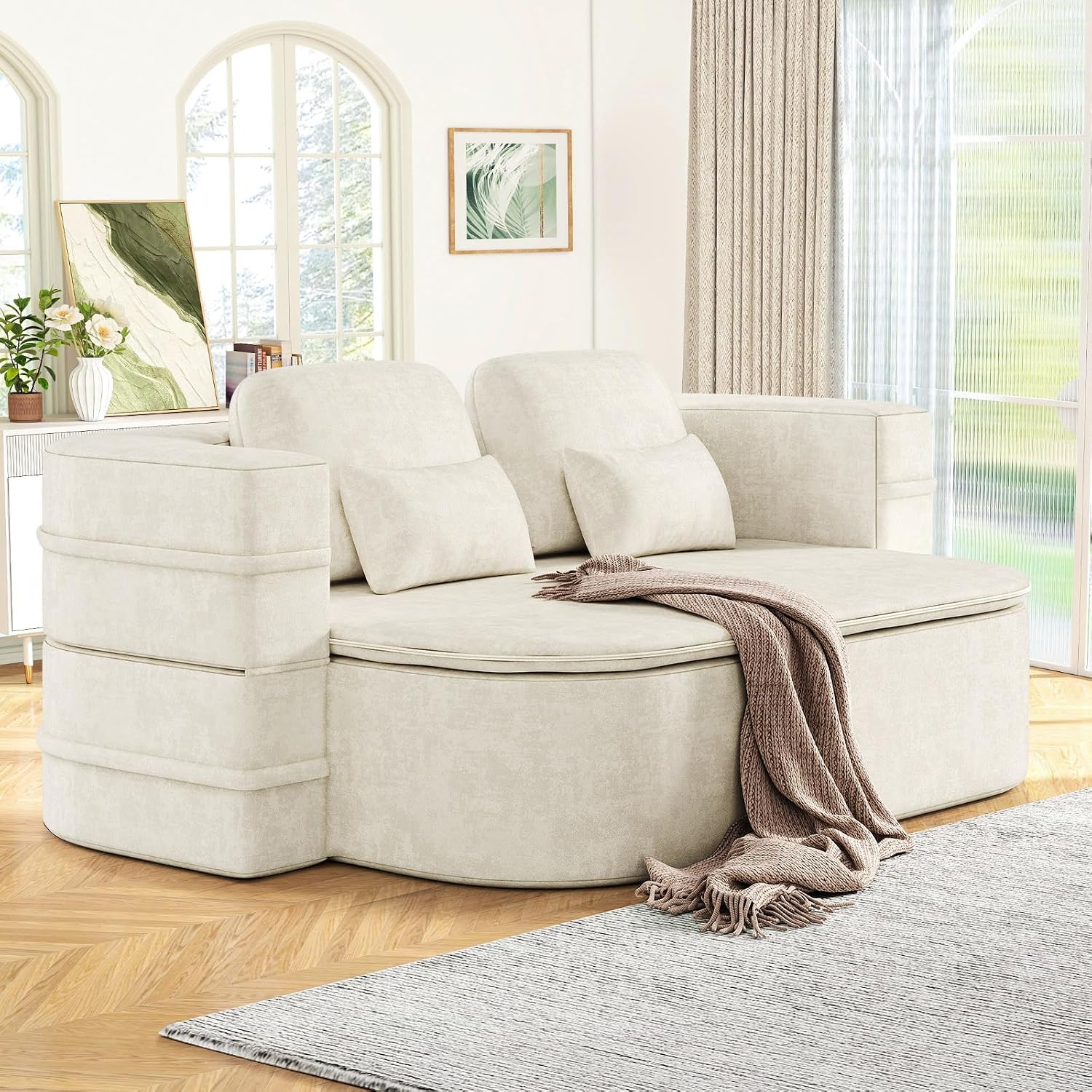 Antetek Convertible Sleeper Sofa, Modern Folding Futon Chenille Floor Foam Compression Loveseat Sofa Bed Couch, Foldable Full-Size Guest Bed with 4 Pillows for Living Room Bedroom Apartment, Beige