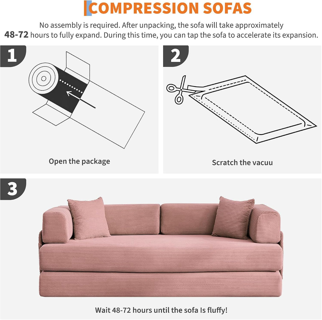 Garvee 5-in-1 Convertible Sofa Bed, 78.8' Modular Corduroy Sleeper with Sturdy Frame & No Assembly, Multi-Functional Futon for Small Space, Living Room & Guest Room (Pink)