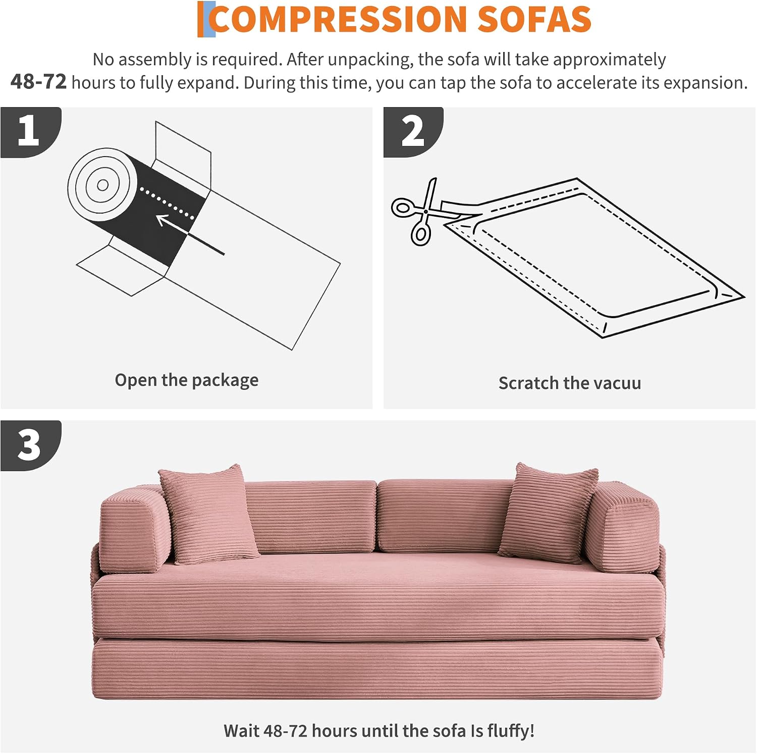 Garvee 5-in-1 Convertible Sofa Bed, 78.8' Modular Corduroy Sleeper with Sturdy Frame & No Assembly, Multi-Functional Futon for Small Space, Living Room & Guest Room (Pink)