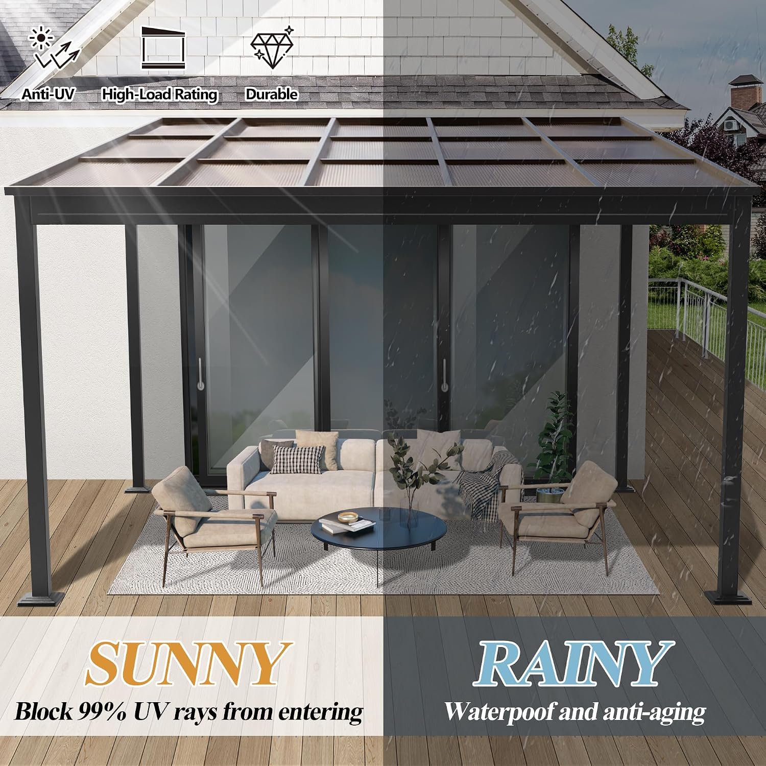 GARTOO 10' x 13' Upgraded Wall-Mounted Gazebo, Aluminum Outdoor Patio Lean to Gazebo Pergola with Roof, Canopy Awnings to House for Garden, Lawn, Backyard Deck and More