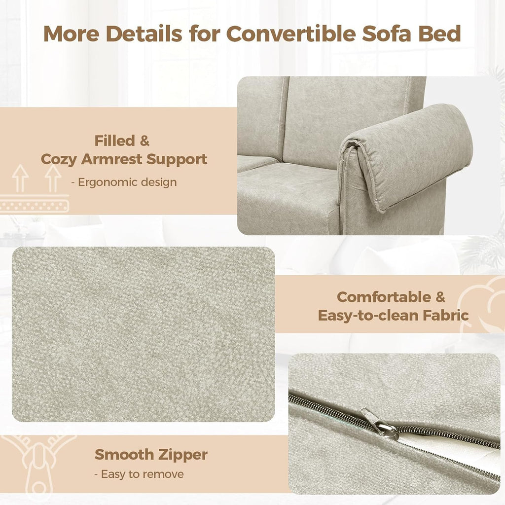 FHFO Loveseat Sleeper Sofa, Convertible Couch Bed Loveset Small Couchs for Small Spaces, 3 in 1 Pull Out Sofa Bed Modern 65' Comfy Futon Sofa Bed Queen for Living Room, Bedroom, Apartment (Beige)