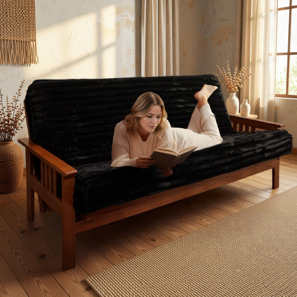 Memory Foam Futon Mattress, Foldout Couch Futon Mattress - 6x54x74 (Charcoal) - Plush Faux Fur Fabric Comfortable and Heavy Duty Sofa Bed, Thick Corded Cushion for All (Frame NOT Included)