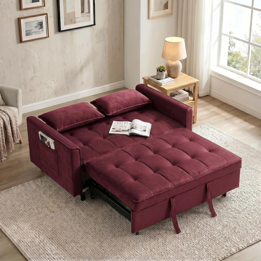 3 in 1 Convertible Sofa Bed, Loveseat Sleeper Sofa with Large Side Pockets, Pull Out Couch with Adjustable Backrest, Easy Assembly, Velvet Couch Bed for Small Spaces, Apartment, Fuchsia