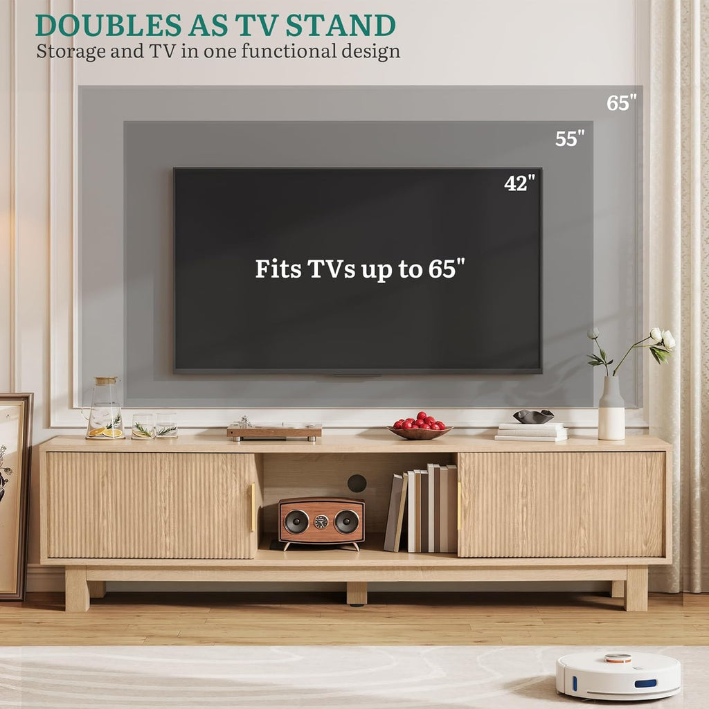YITAHOME 59' Fluted TV Stand for TVs up to 65', Mid-Century Modern Media Console with Built-in Power Outlets, Adjustable Shelves & Cable Holes, Wooden Entertainment Center for Living Room, Natural Oak