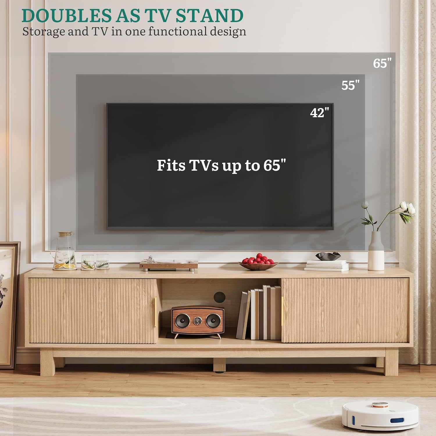 YITAHOME 59' Fluted TV Stand for TVs up to 65', Mid-Century Modern Media Console with Built-in Power Outlets, Adjustable Shelves & Cable Holes, Wooden Entertainment Center for Living Room, Natural Oak