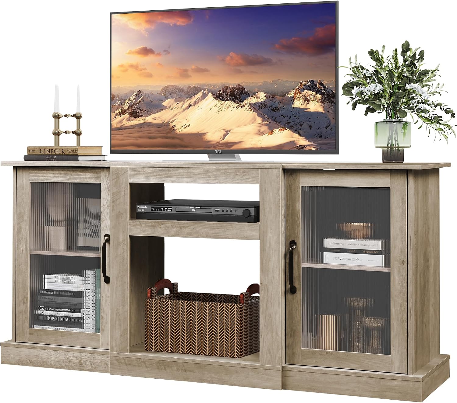 WLIVE Farmhouse TV Stand for 65 inch TV, 58' Entertainment Center with Storage Cabinets, Open Shelves TV Console for Living Room and Bedroom, Greige