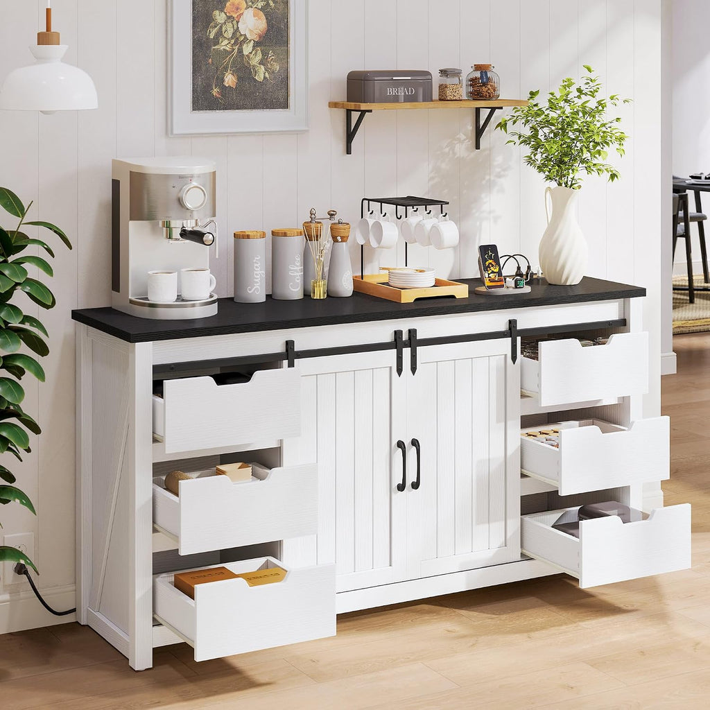 YITAHOME Farmhouse TV Stand for 65/55 Inch TV with Power Outlets & 6 Drawers, Entertainment Center with Sliding Barn Door and Adjustable Shelf, TV Media Console Storage Cabinet for Living Room, White