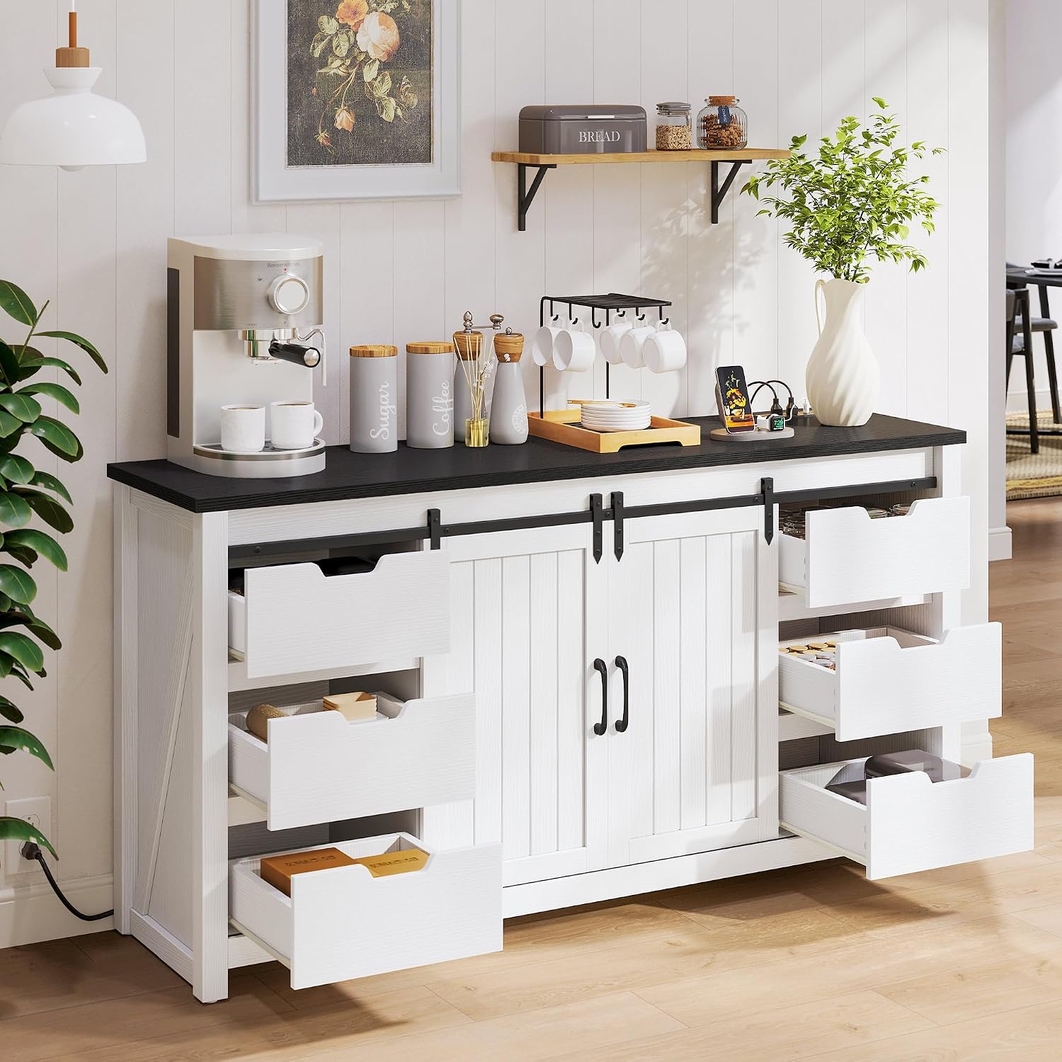 YITAHOME Farmhouse TV Stand for 65/55 Inch TV with Power Outlets & 6 Drawers, Entertainment Center with Sliding Barn Door and Adjustable Shelf, TV Media Console Storage Cabinet for Living Room, White