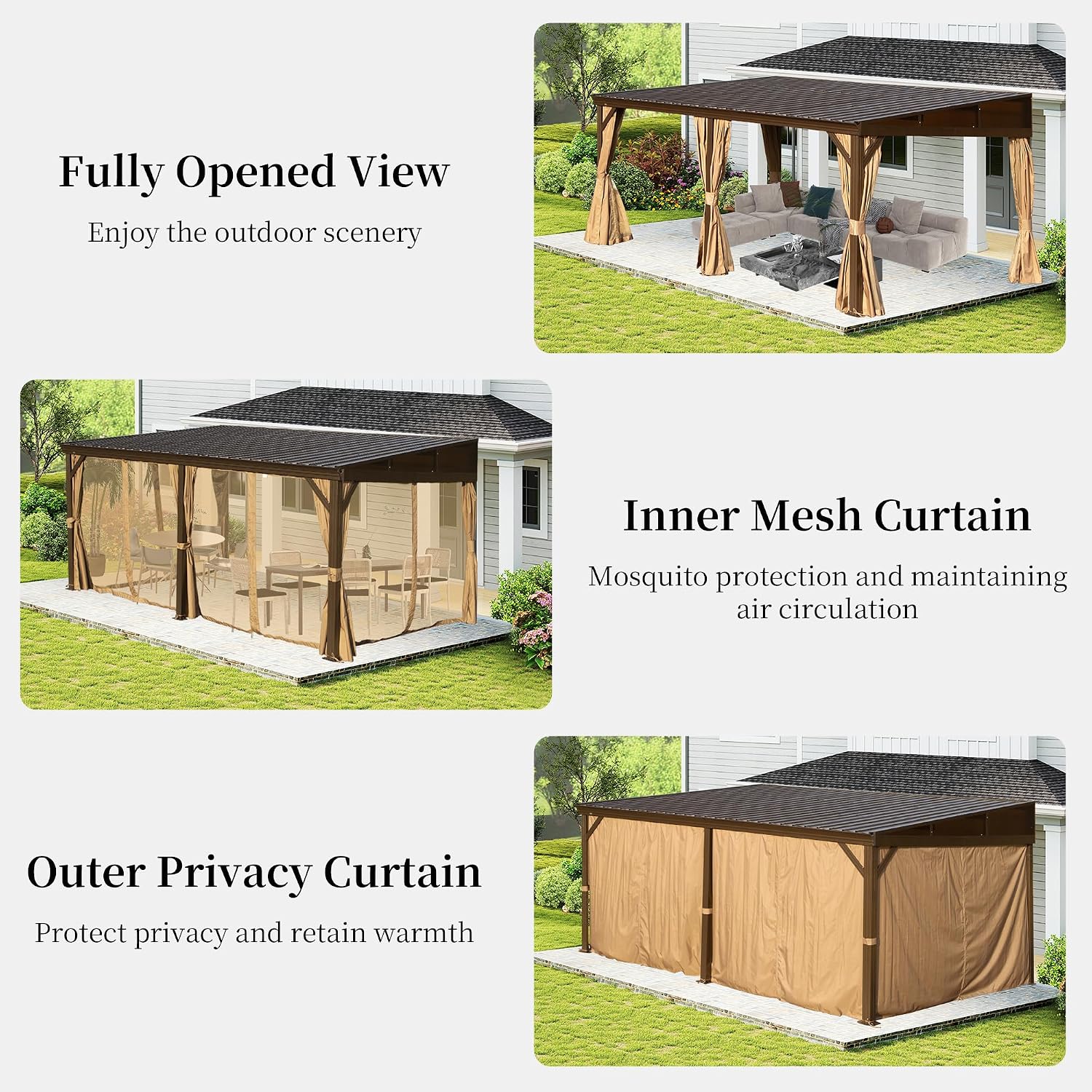 DOMI 12x16FT Lean to Gazebo, Outdoor Hardtop Wall Mounted Gazebo with Sloping Galvanized Steel Roof, Durable Aluminum Frame, Netting Curtain for Deck, Porch, Backyard