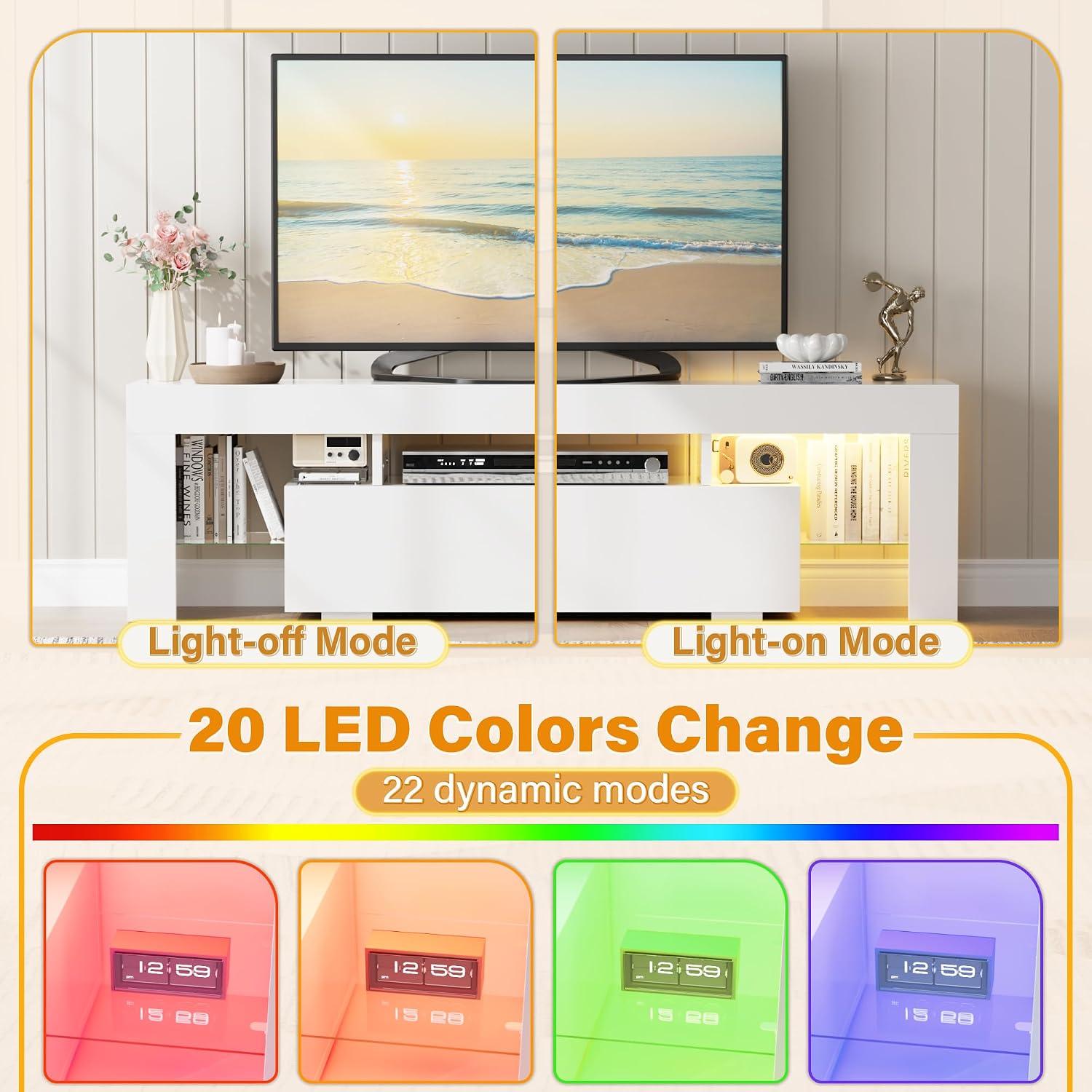 YESHOMY Modern LED TV Stand for Televisions up to 70 Inch with Glass Shelves and Drawer, Gaming Entertainment Center with Multiple Dynamic RGB Modes, for Livingroom, Bedroom, 60 Inch, Pearl White