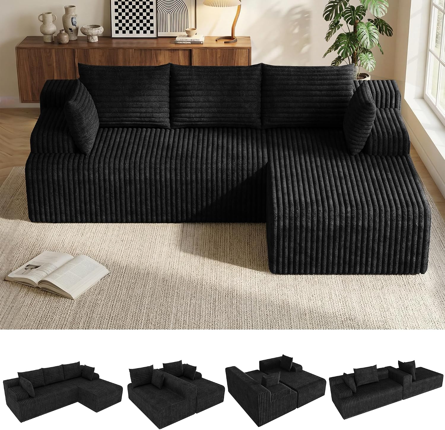 2026 New Boneless Couch, No Assembly Cloud Couch Sectional with Deep Seat & Chaise for Small Space, Upholstered Boneless Sectional Couch for Living Room, L Shaped Couch with Right Facing Chaise, Black