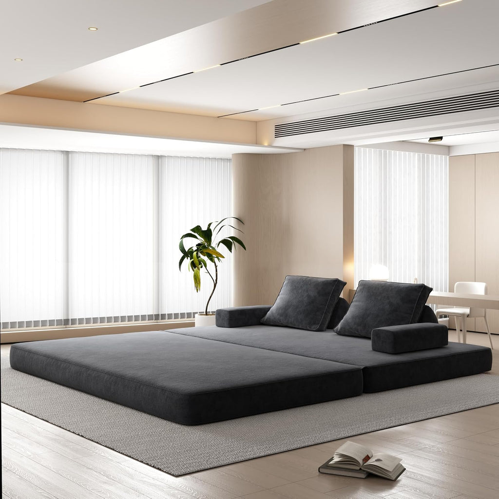 86.6' Queen Floor Sleeper Sofa Bed | Convertible Foam Folding Mattress Couch | King Size Futon Couch Bed for Adjustable Backrests | Sleeper Lounge Chair for Living Room, Playroom, Apartment, Dark Grey