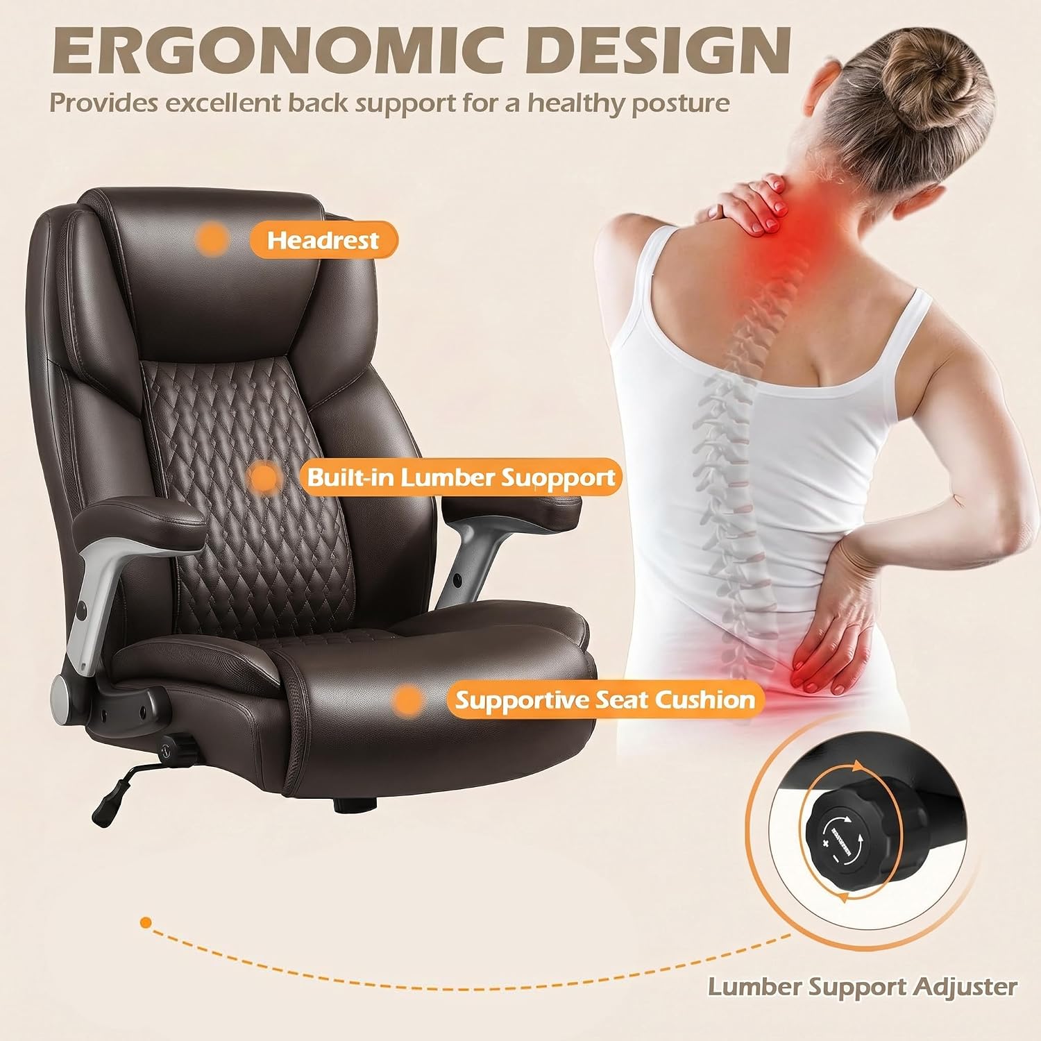 Lembeir 600lbs Big and Tall Office Chair with Flip up Armrest, Heavy Duty Executive Office Chair for Heavy People, High Back Computer Chair with Adjustable Lumbar Support,Brown