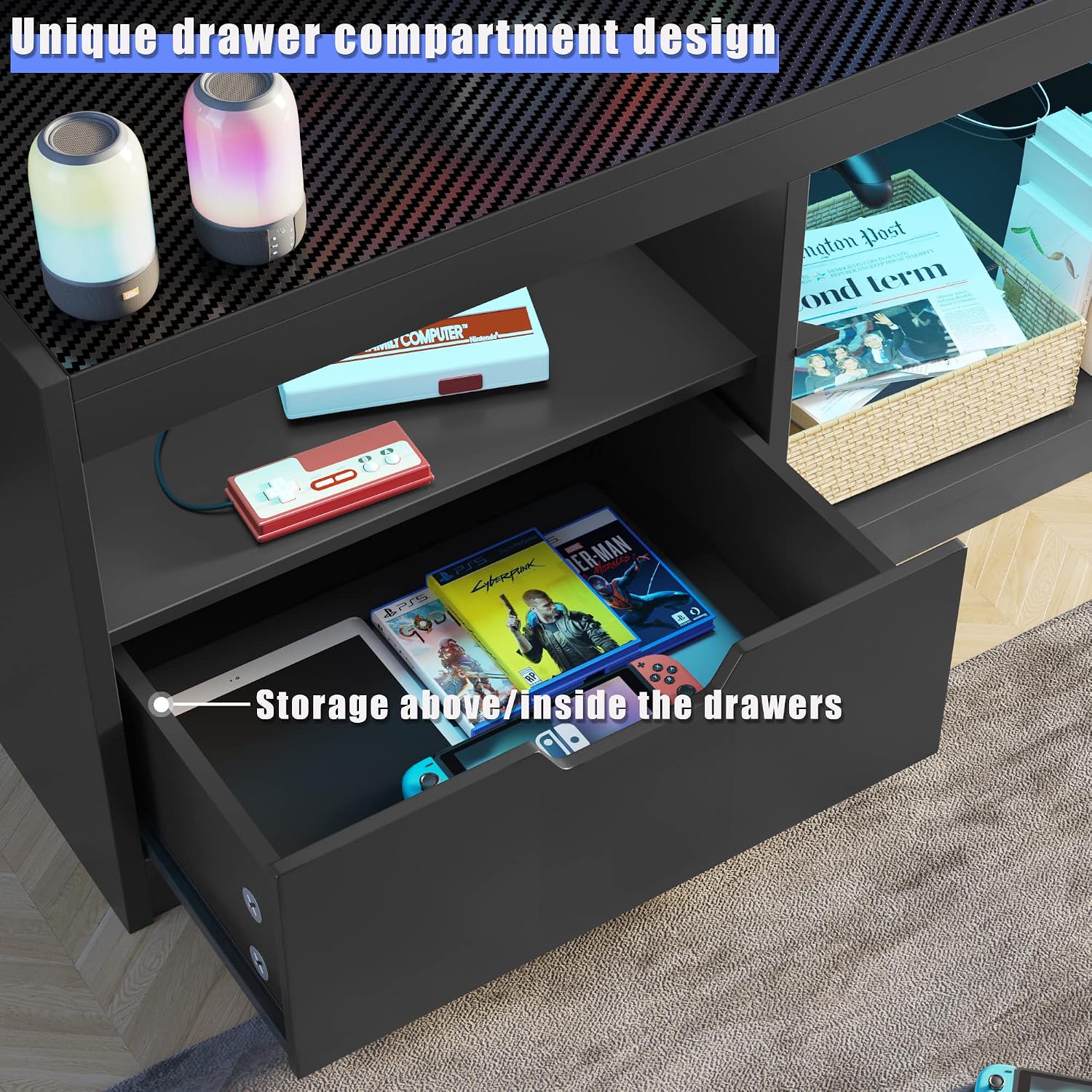 JUMMICO TV Stand, Entertainment Center LED Gaming TV Stand for 65+ Inch TV Carbon Fiber Top, Dynamic RGB Modes TV Cabinet Console with Adjustable Glass Shelves Storage Drawers (Black)