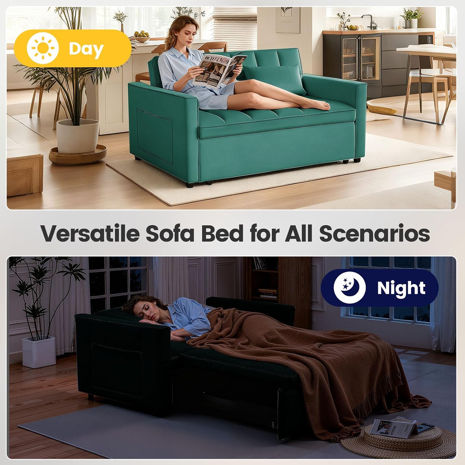 Convertible Sofa Bed, Pull Out Couch with Side Pockets, 3 in 1 Velvet Fabric Loveseat Sleeper Sofa Bed with Adjustable Backrest for Living Room, Bedroom, Apartment, Green