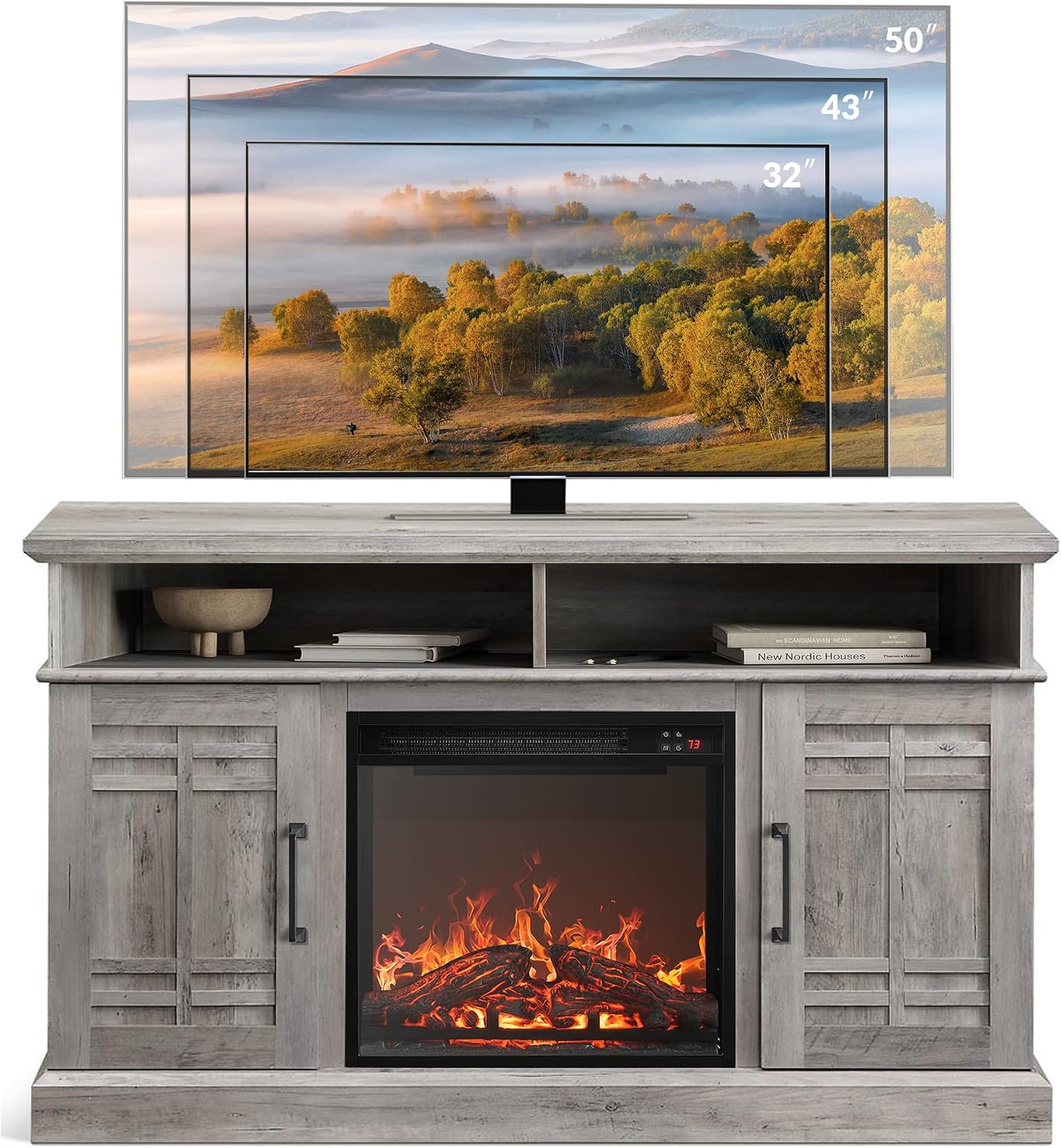 BELLEZE 48' TV Stand with 18' Electric Fireplace Heater, Modern TV Stand for TVs up to 50', Entertainment Media Stand with Open Shelves and Storage Cabinets for Living Room, Bedroom (Grey Wash)