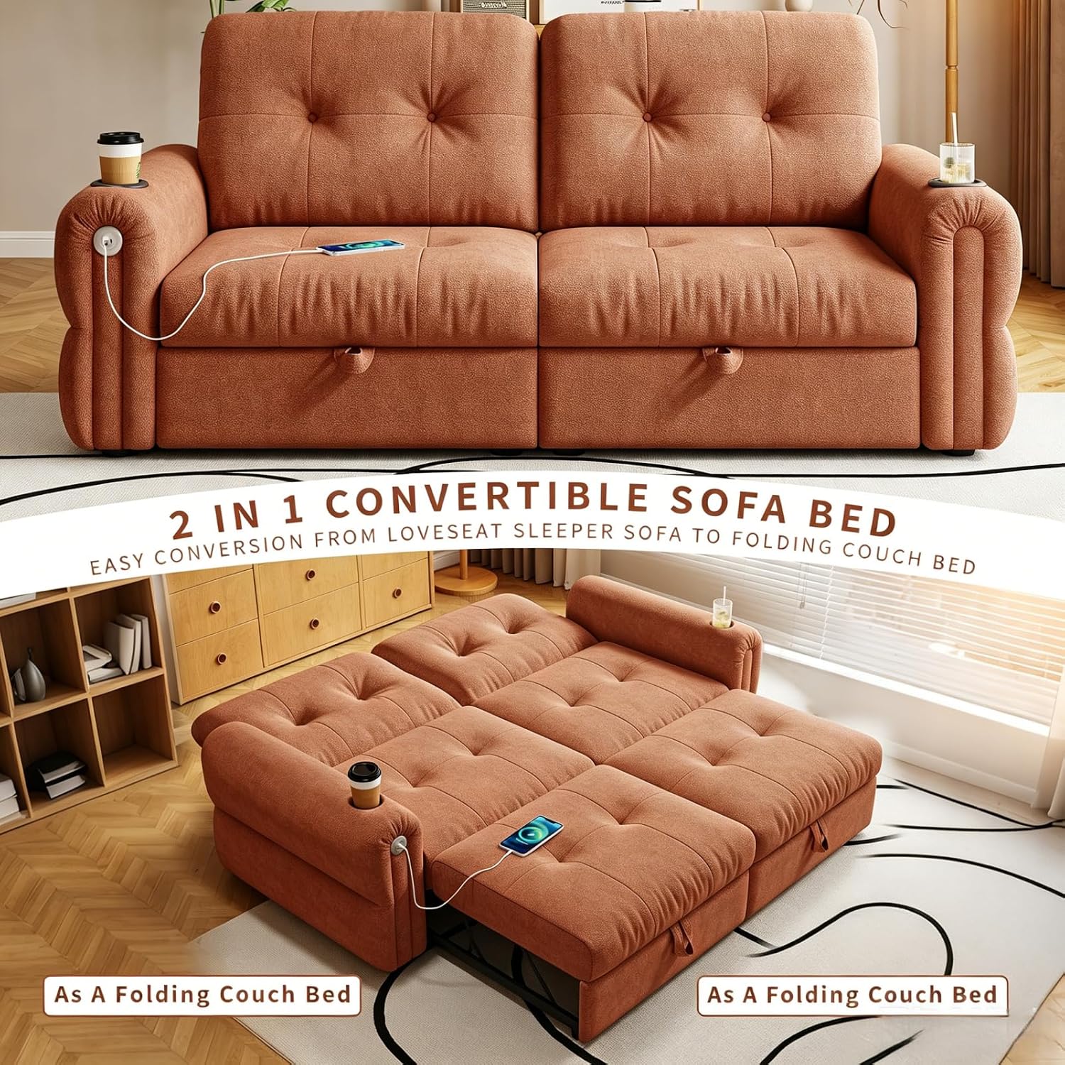 Convertible Couches, Queen Size Pull Out Sofa Bed with USB Charging Port and Cup Holders, Chenille Fabric Convertible Sofa Bed for Small Space, Living Room, Apartment, Guest Room, Orange