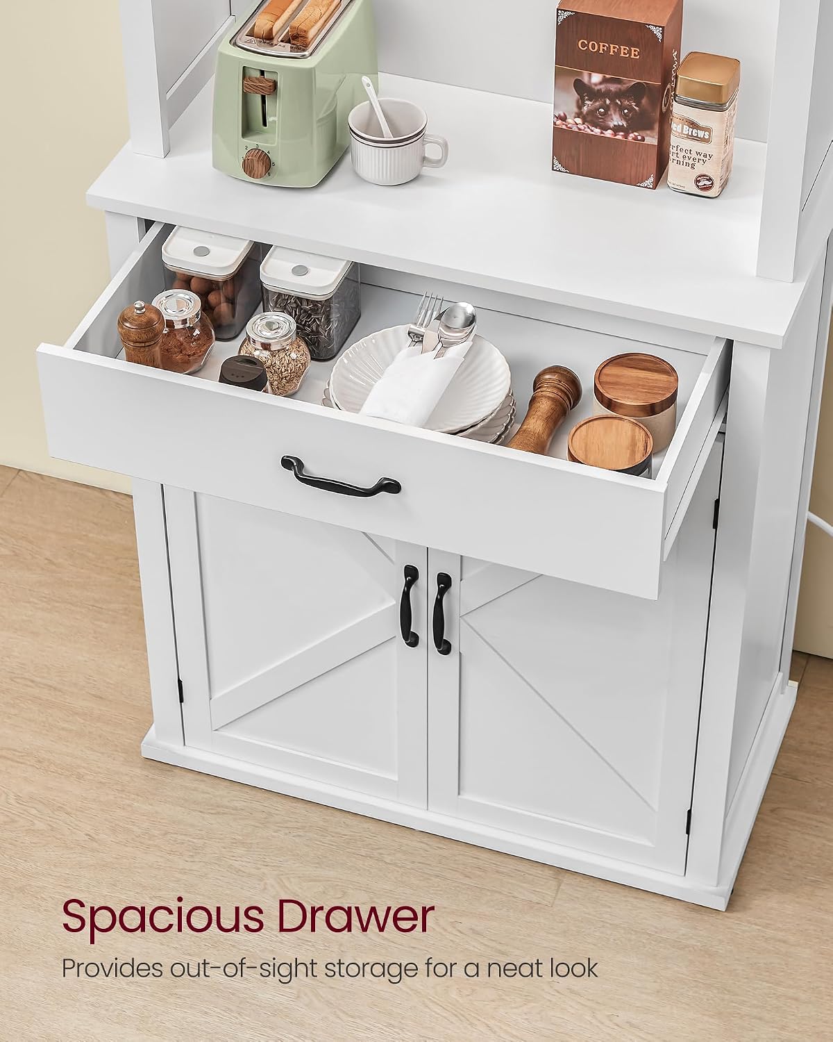 VASAGLE LIRY Collection - 71-Inch Tall Kitchen Pantry Cabinet with Lights and Charging Station, Coffee Bar Cabinet with Doors and Drawer, Farmhouse Style, Adjustable Shelves, Cloud White UBBK363W11