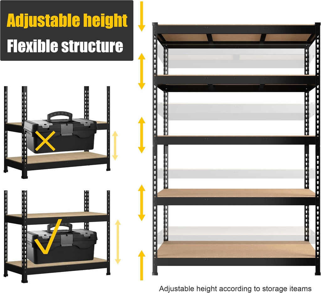 PrimeZone 48' x 24' x 72' Heavy Duty Storage Shelves - 5 Tier Adjustable Garage Storage Shelving, Metal Storage Utility Rack Shelf Unit for Warehouse Pantry Closet Kitchen, Black