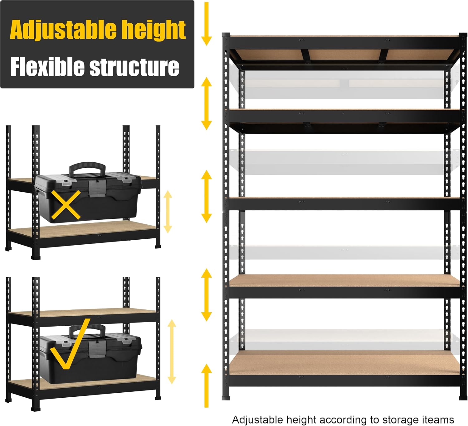 PrimeZone 48' x 24' x 72' Heavy Duty Storage Shelves - 5 Tier Adjustable Garage Storage Shelving, Metal Storage Utility Rack Shelf Unit for Warehouse Pantry Closet Kitchen, Black