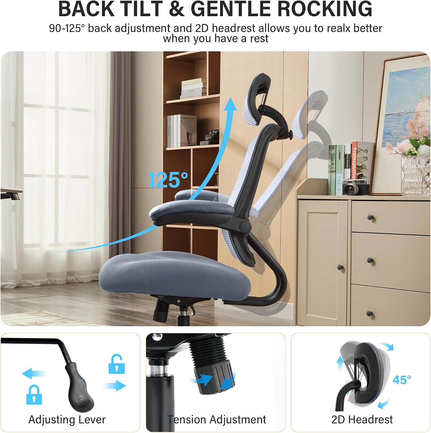 500lbs Big and Tall Office Chair - Heavy Duty Mesh Ergonomic Desk Chair with Headrest, High Back Computer Chair - Flip-up Armrests, Wide Thick Seat Cushion, Quiet Wheels, Grey