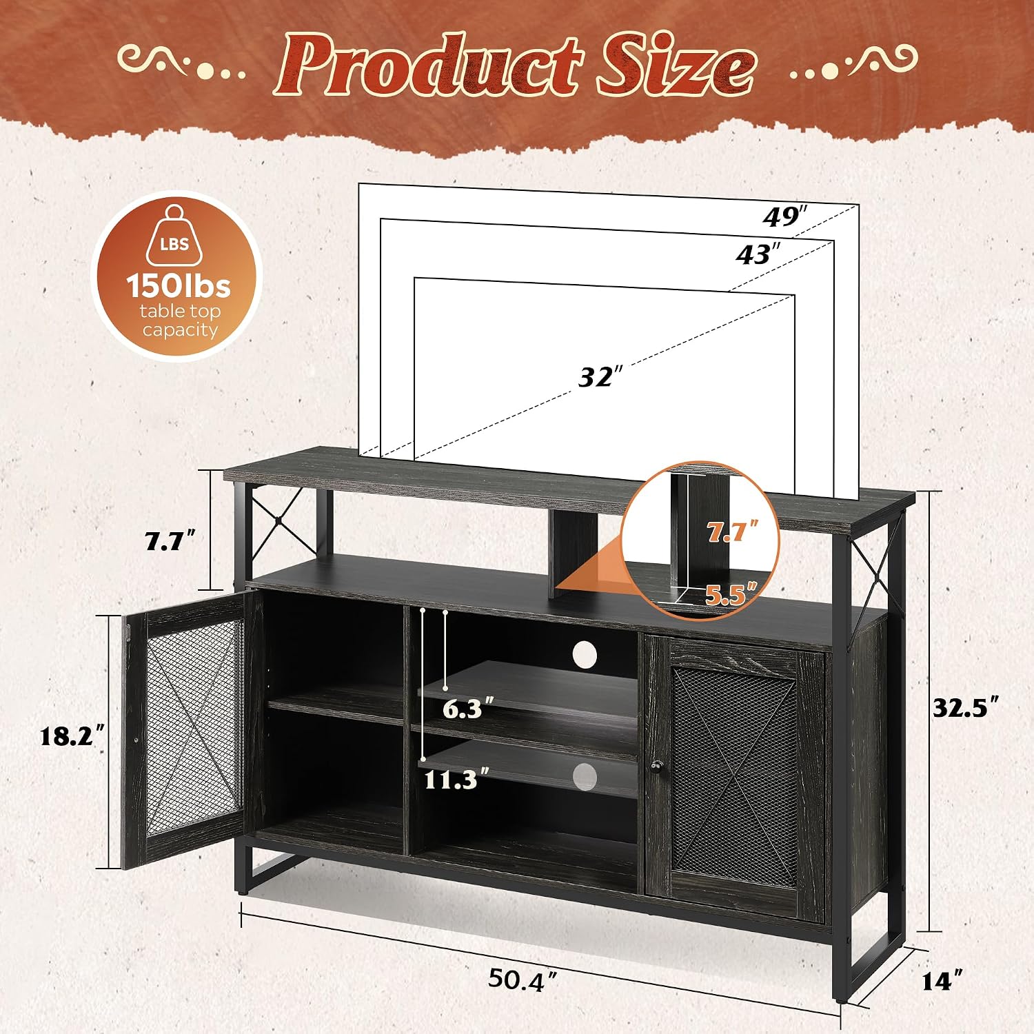 WLIVE TV Stand 55 inch TV,Tall Entertainment Center with Storage, Farmhouse Industrial TV Console for Bedroom Living Room, Charcoal Black