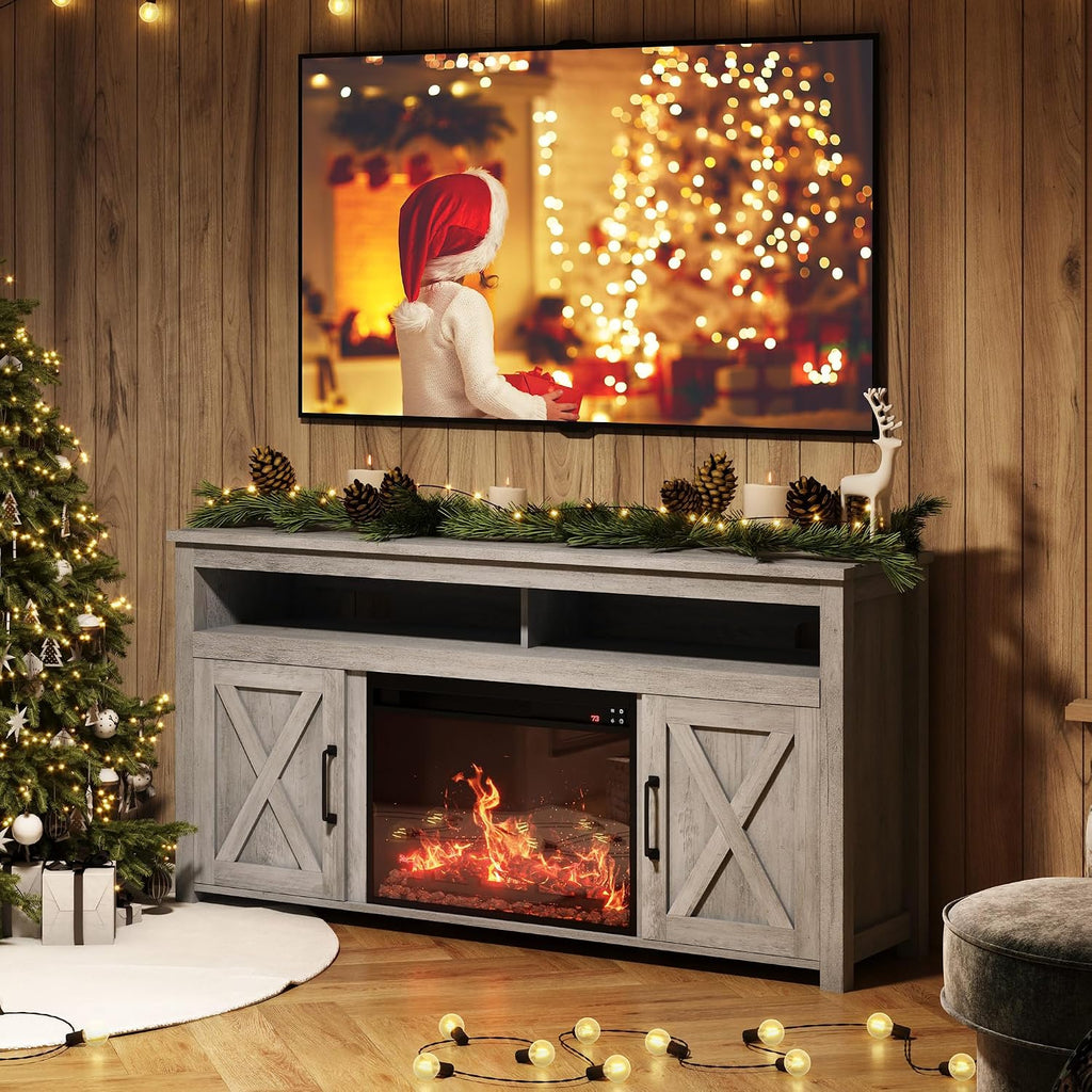 BELLEZE 58' Farmhouse Fireplace TV Stand for TVs up to 65', 23' Electric Fireplace Heater with Sound, Entertainment Center Media Console Table Barn Door Storage Cabinets for Living Room -Gray