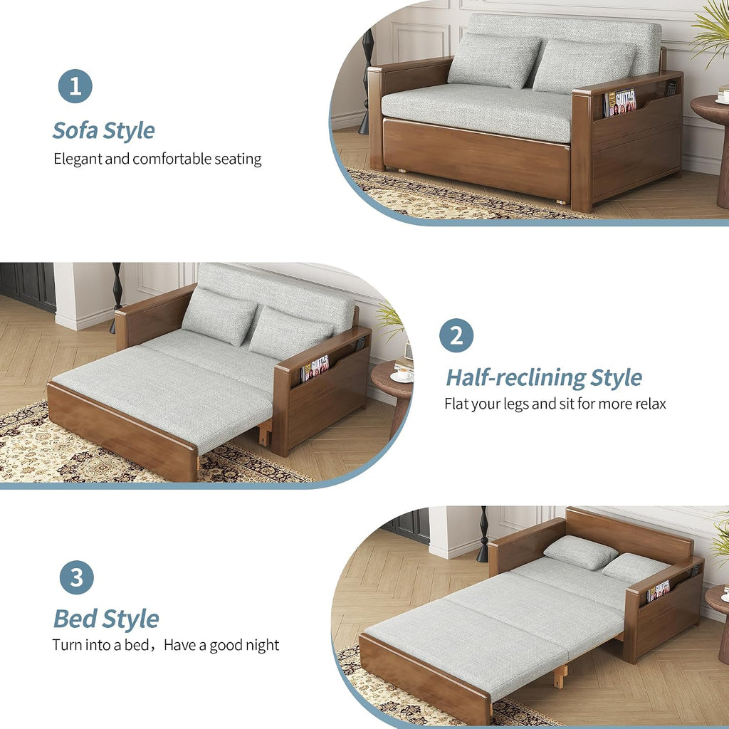 48'full double size grey cushion convertible sofa sleeper with storage,sectional sleeper sofa with reversible chaise,wood sofa bed 3 in 1 pull out couch bed for livingroom,apartment,bedroom,office