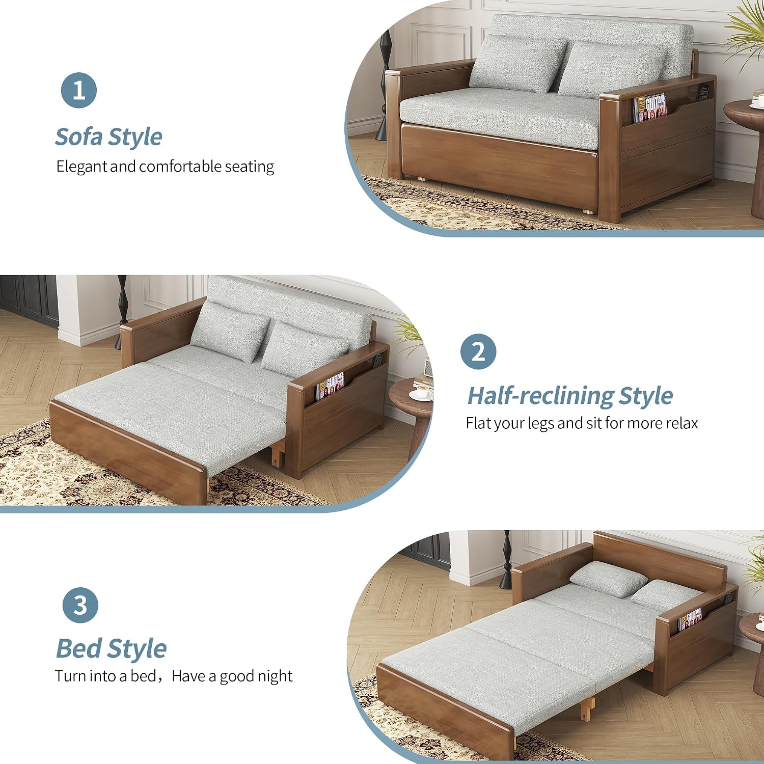 48'full double size grey cushion convertible sofa sleeper with storage,sectional sleeper sofa with reversible chaise,wood sofa bed 3 in 1 pull out couch bed for livingroom,apartment,bedroom,office