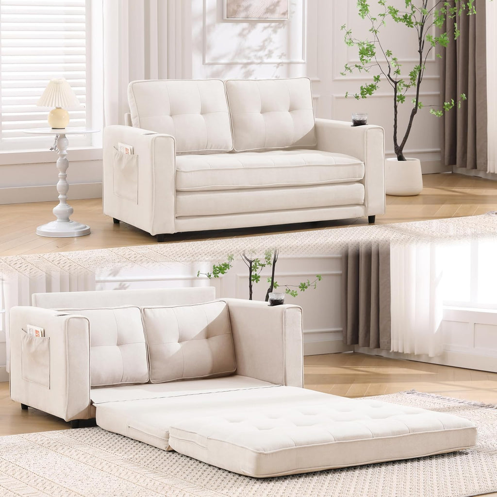 Merax Convertible Sleeper Sofa Bed, Futon Sofa Bed, 3 in 1 Convertible Loveseat Sleeper with Pull Out Bed, Foldable Tufted Sofa Bed Couch W/Cup Holder and Side Pockets,Beige
