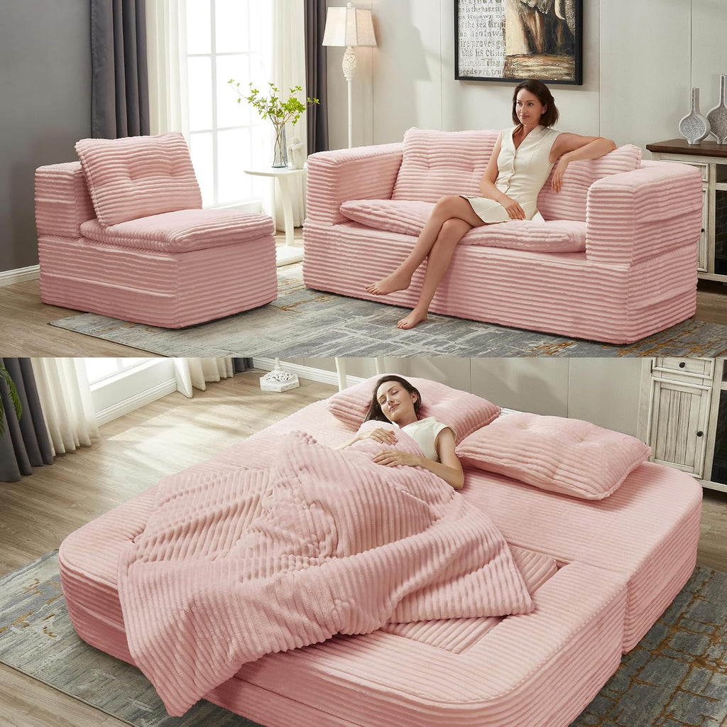80' Convertible Sectional Sofa Bed with Independent Chaise Lounge and Functional Blanket, Multi-Functional Corduroy Boneless Couch, Foldable Futon Sleeper Sofa with Deep Seat, Baby Pink