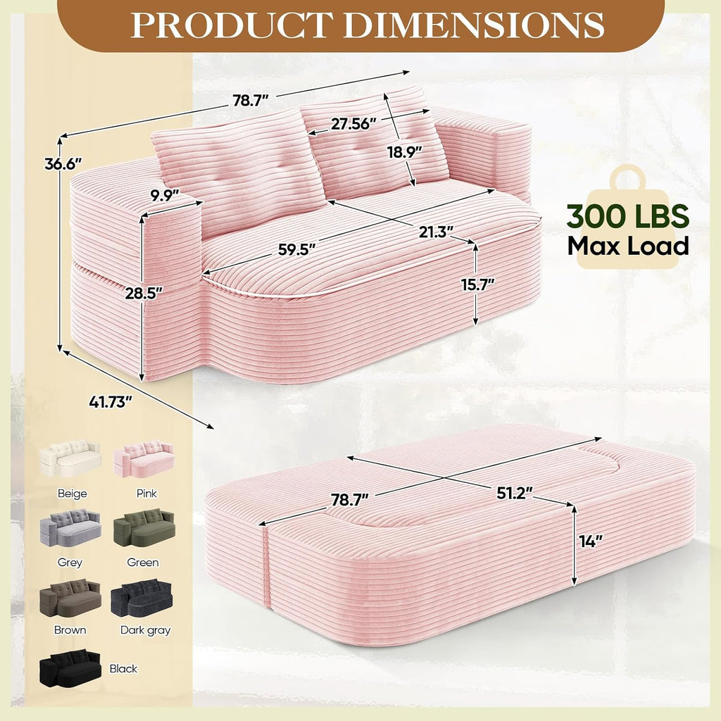 Convertible Sleeper Sofa, Modern 78-inch Folding Futon Corduroy Floor Foam Compression Loveseat Sofa Bed Couch, Foldable Full Size Guest Bed with 2 Pillows for Living Room Bedroom Apartment, Pink